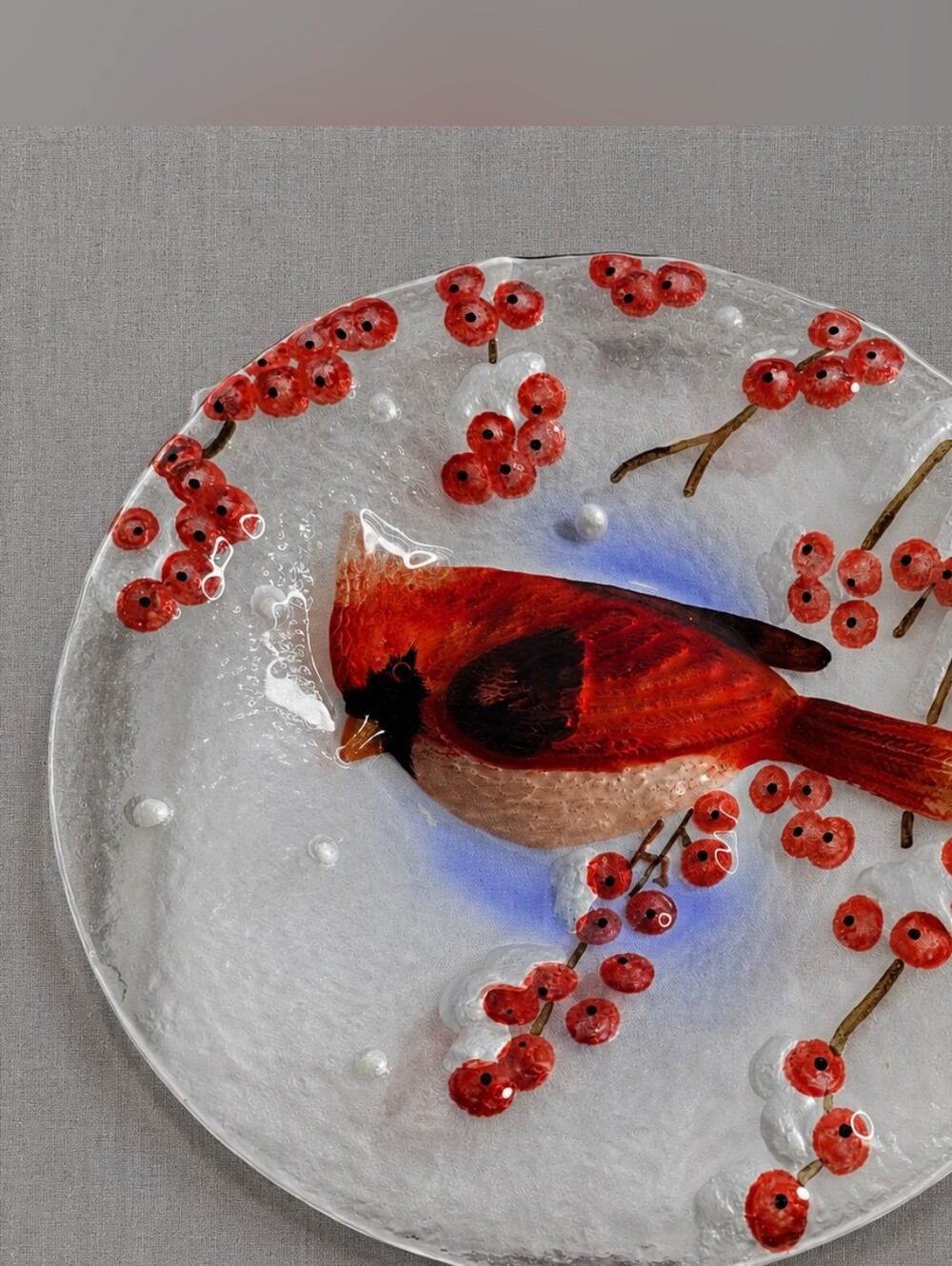 Handmade Fused Glass Cardinal Plate with Berries